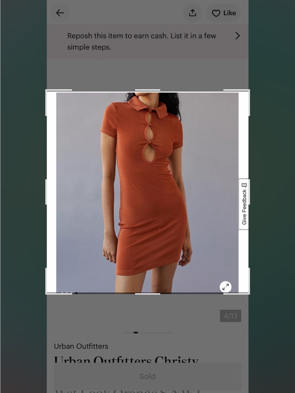 Urban Outfitters Christy Keyhole Cut-Out Mini Dress Wet Look Orange S NWT - Picture 6 of 15